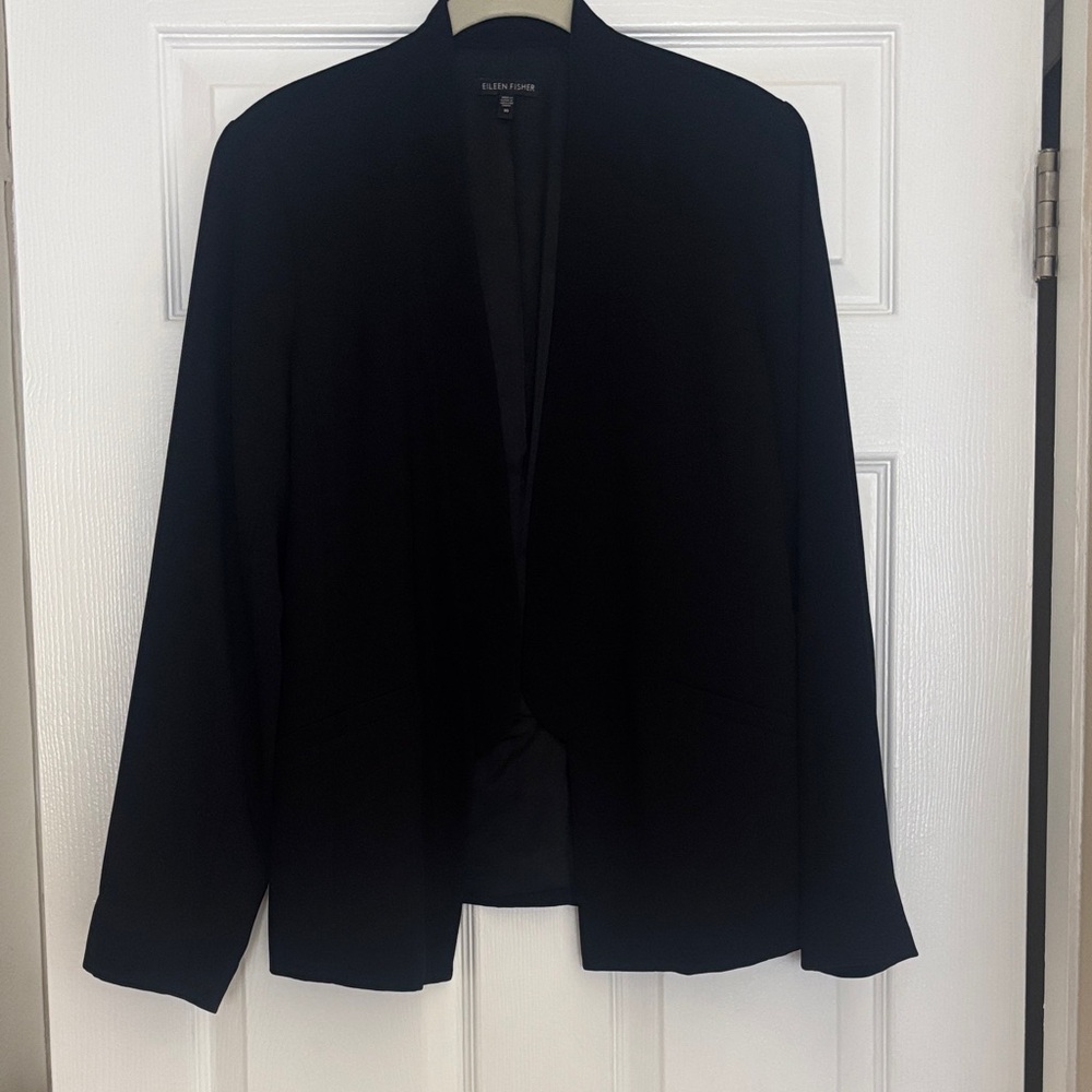 Eileen Fisher Black Open Front Blazer Jacket Size 10 Minimalist Silk Blend